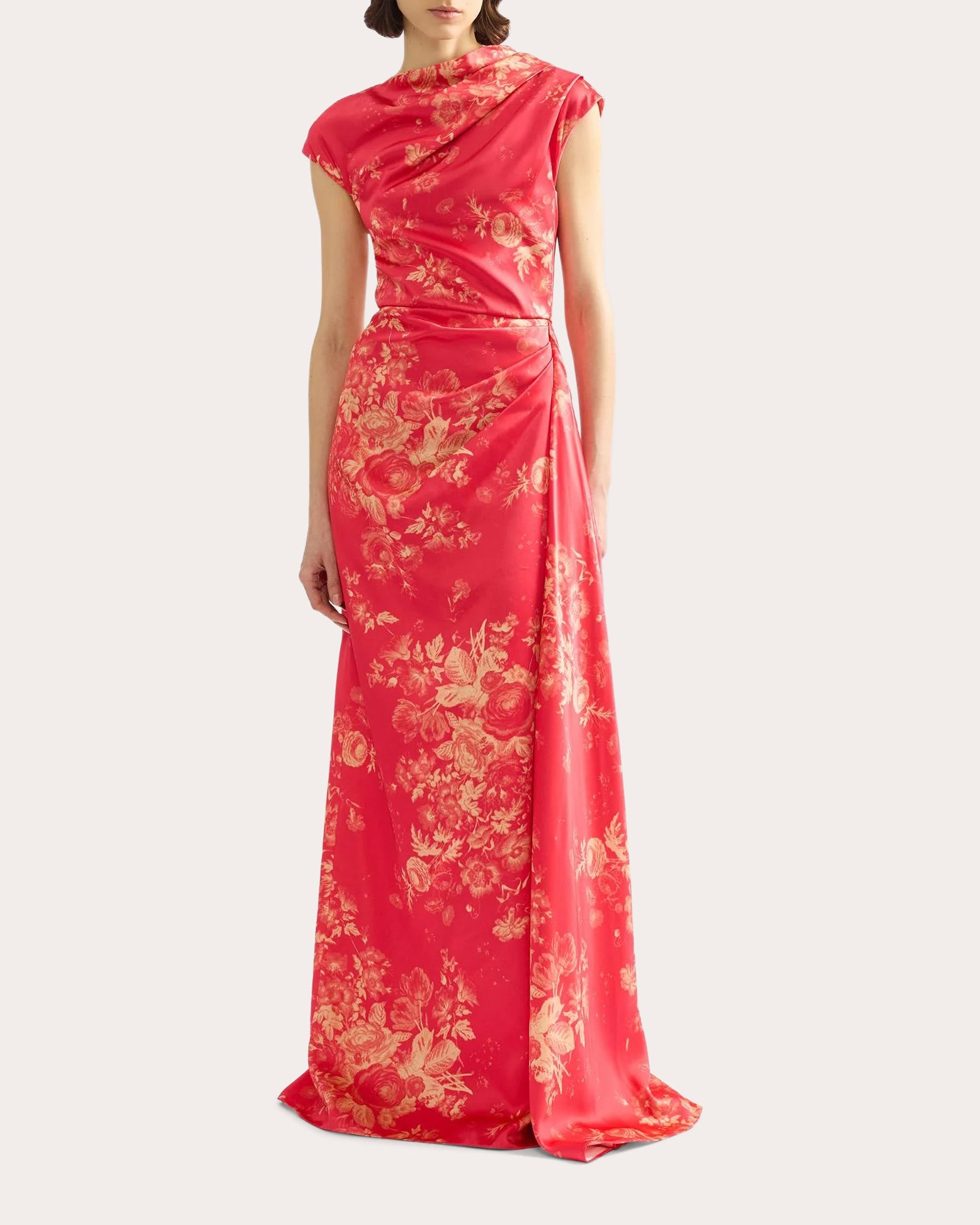 Floral Duchess Satin Asymmetric Drape Gown