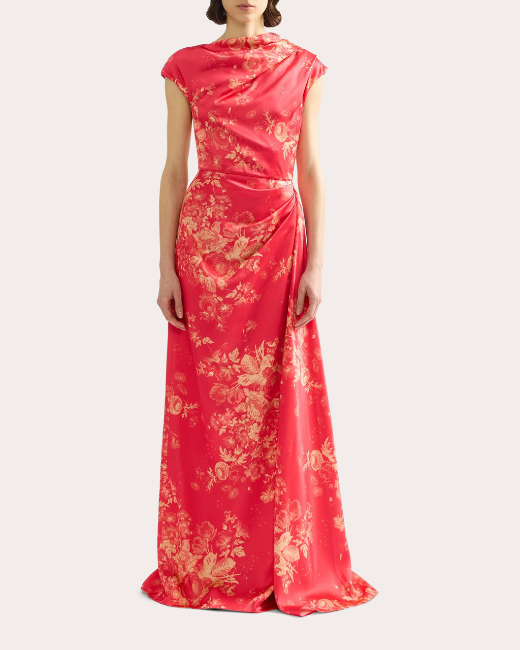 Floral Duchess Satin Asymmetric Drape Gown