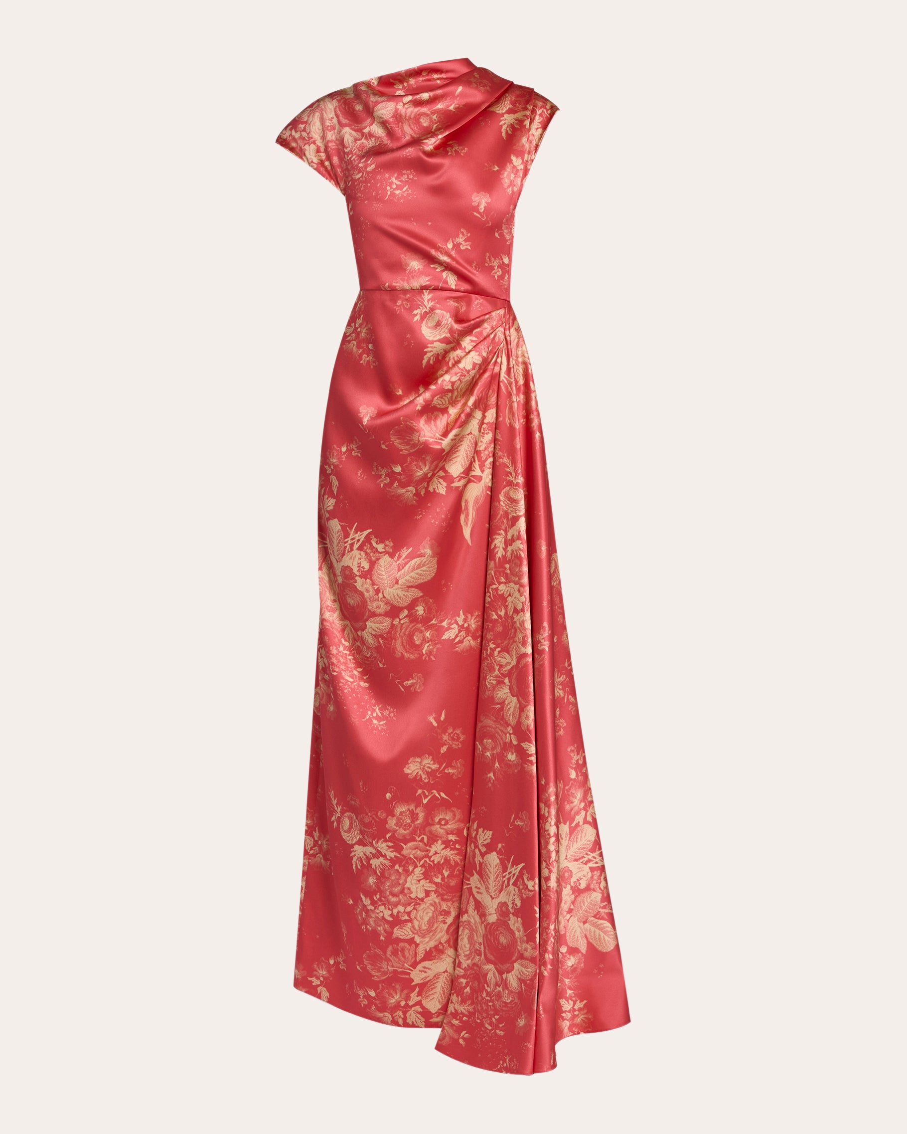 Floral Duchess Satin Asymmetric Drape Gown