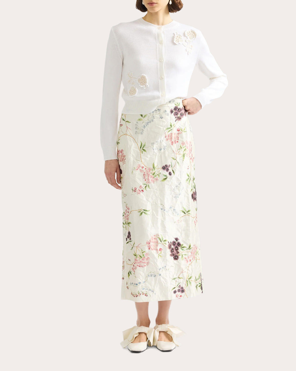 Floral Appliqué Merino Wool Cardigan