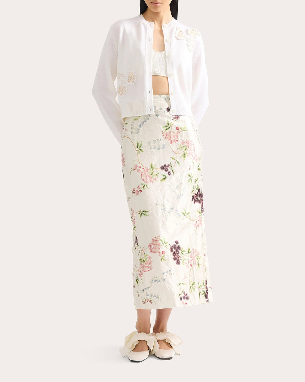 Floral Appliqué Merino Wool Cardigan