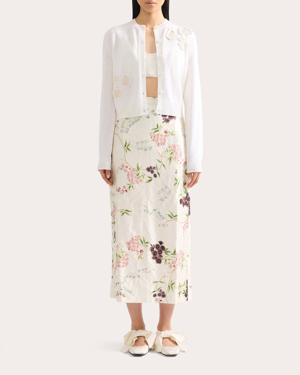 Floral Appliqué Merino Wool Cardigan