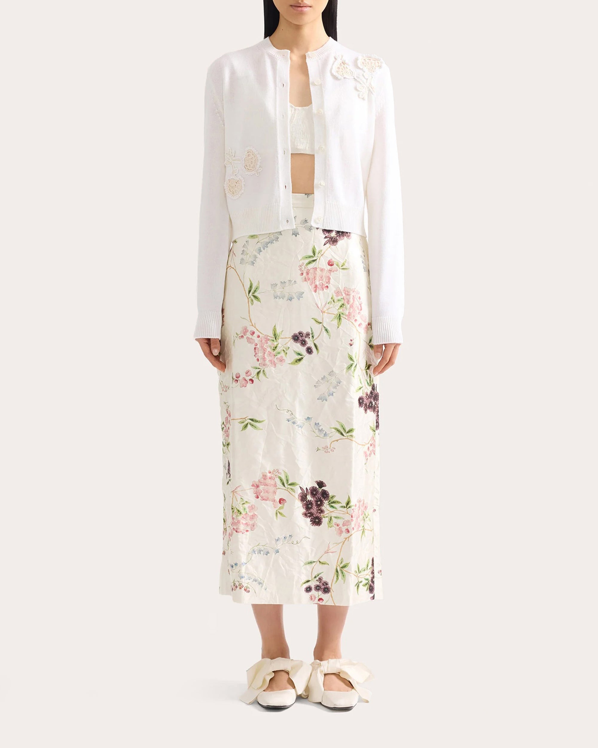 Floral Appliqué Merino Wool Cardigan
