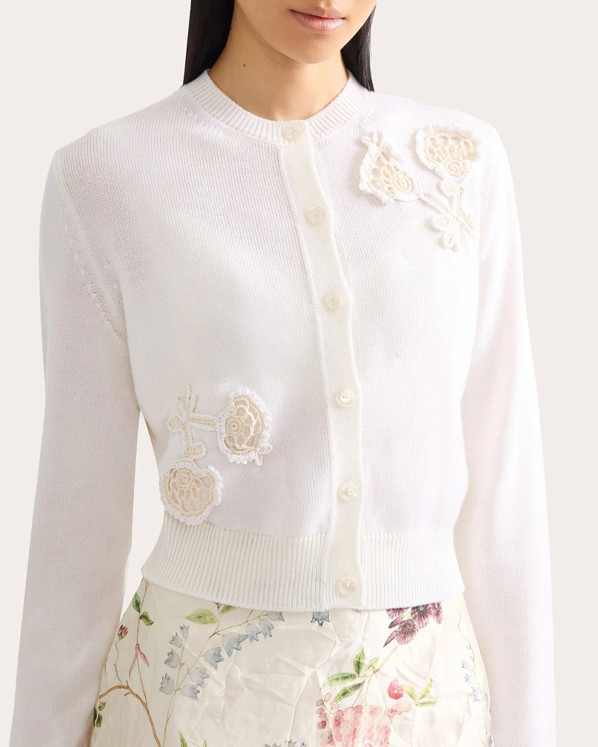 Floral Appliqué Merino Wool Cardigan