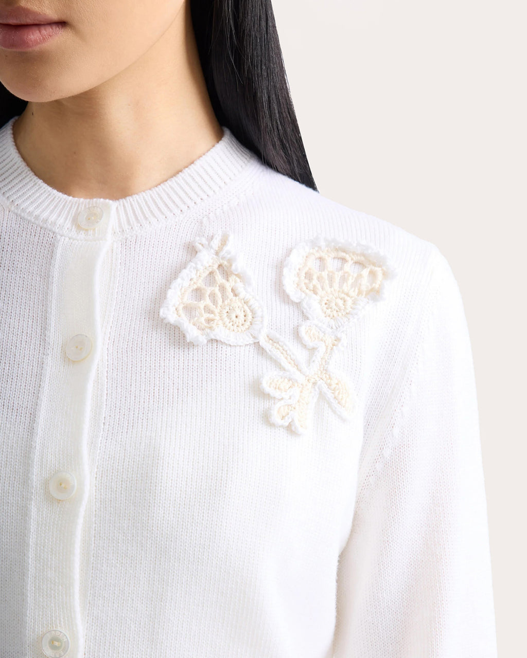 Floral Appliqué Merino Wool Cardigan
