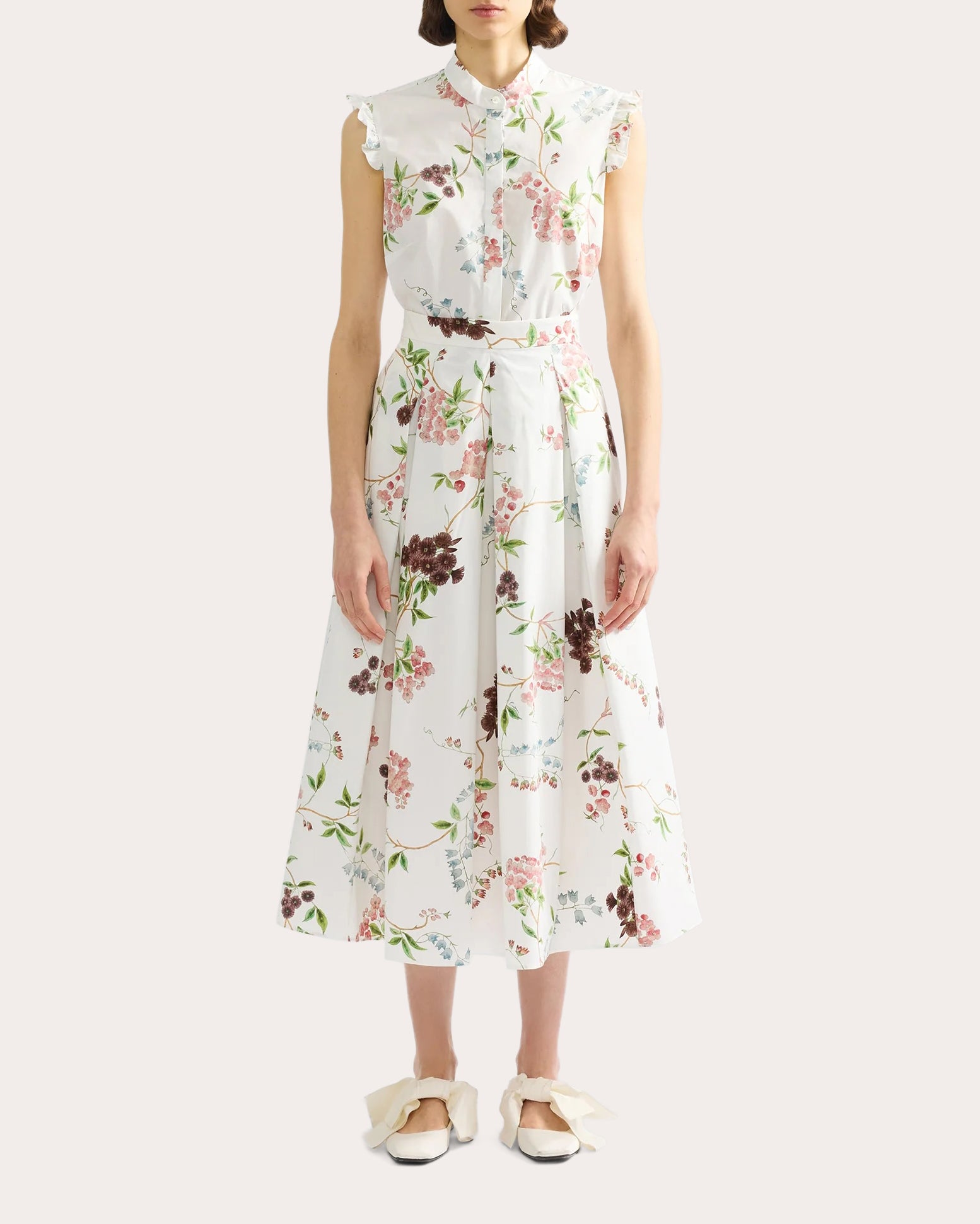 Floral Cotton Pleated Midi Skirt