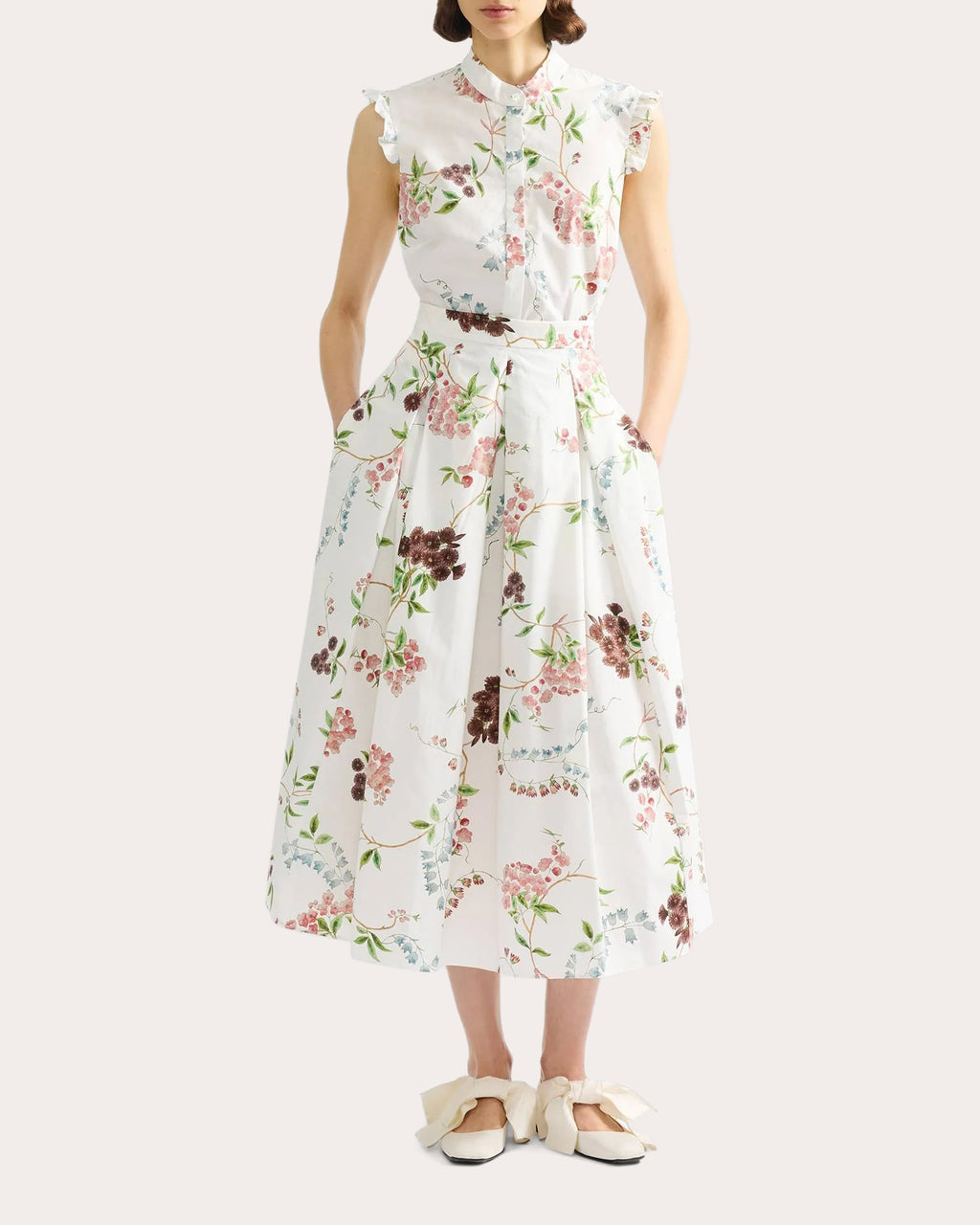 Floral Cotton Pleated Midi Skirt