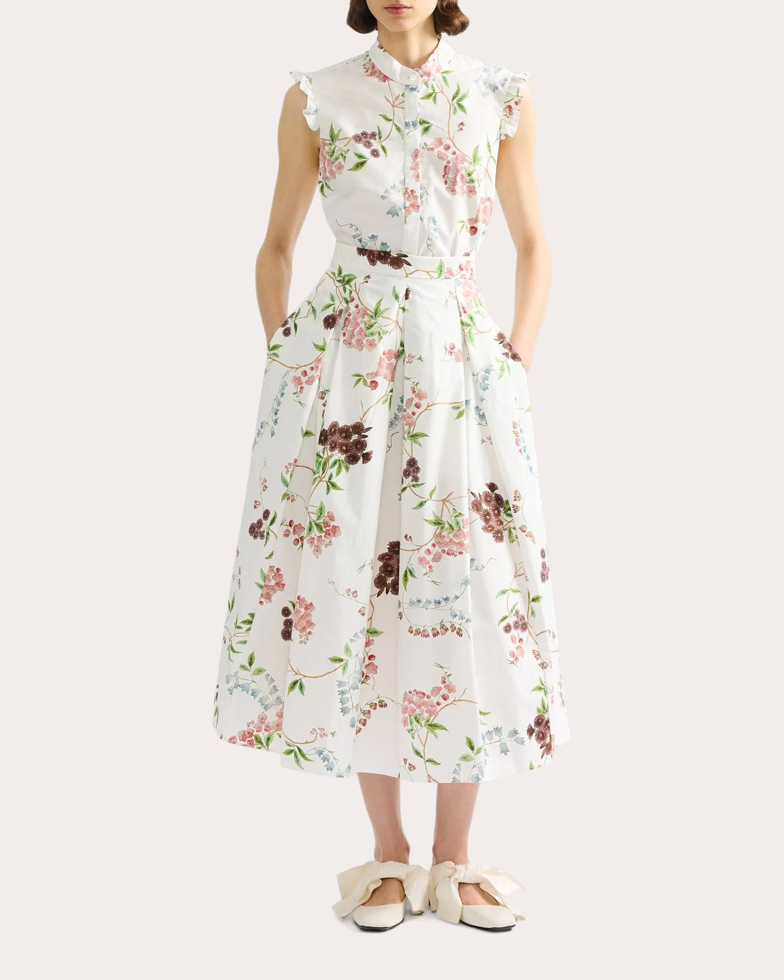 Floral Cotton Ruffle Sleeveless Shirt
