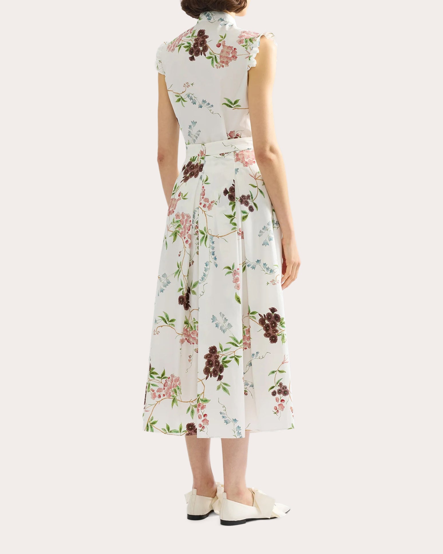 Floral Cotton Pleated Midi Skirt
