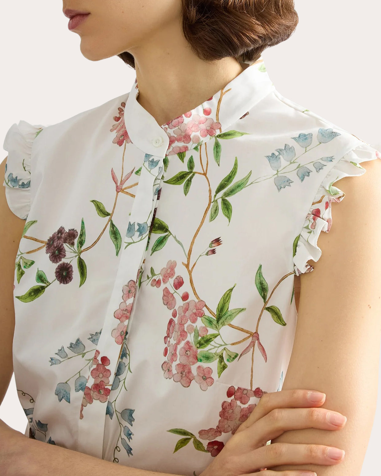 Floral Cotton Ruffle Sleeveless Shirt