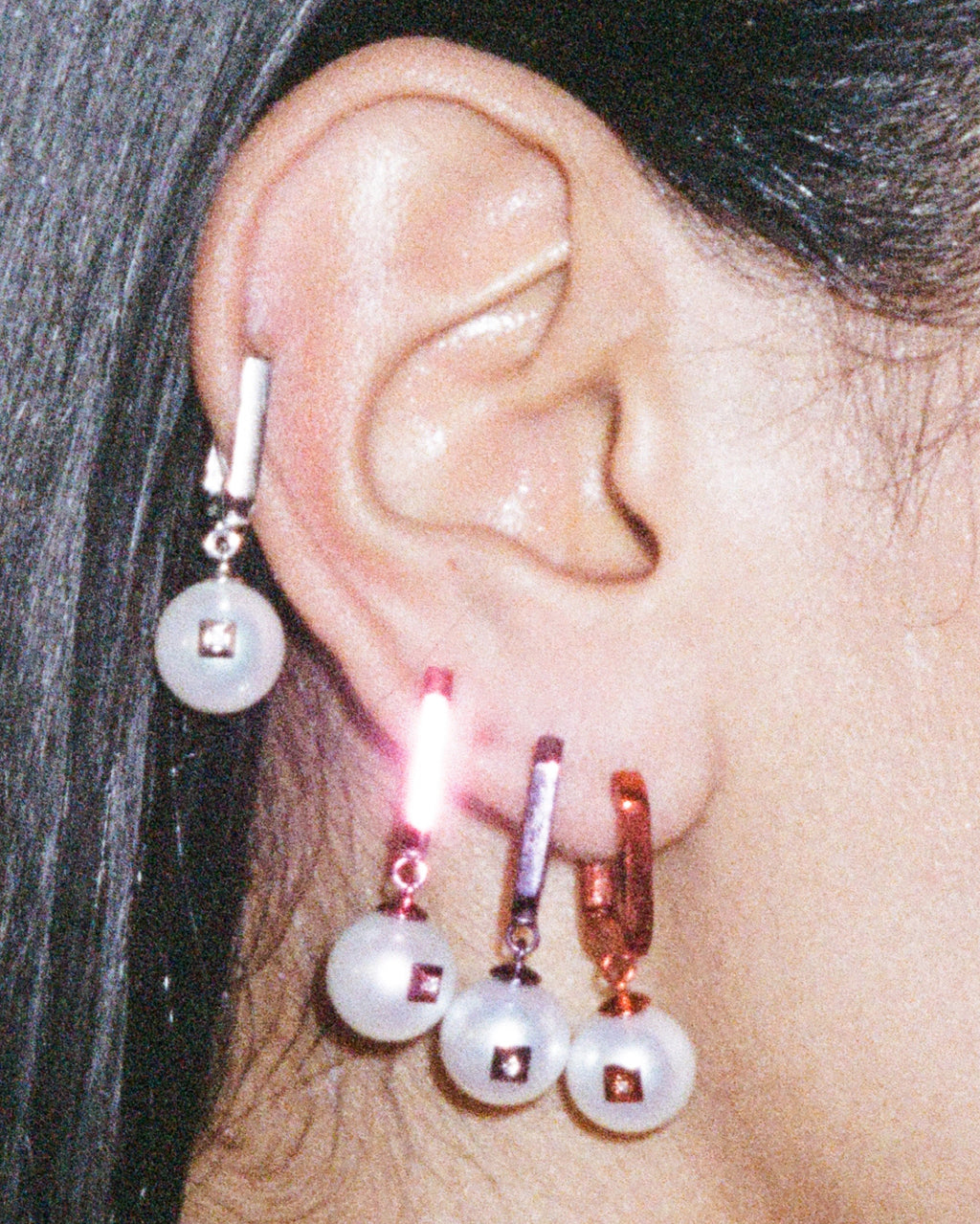 Pearl & Diamond Painted Mini Octagon Hoop Earring