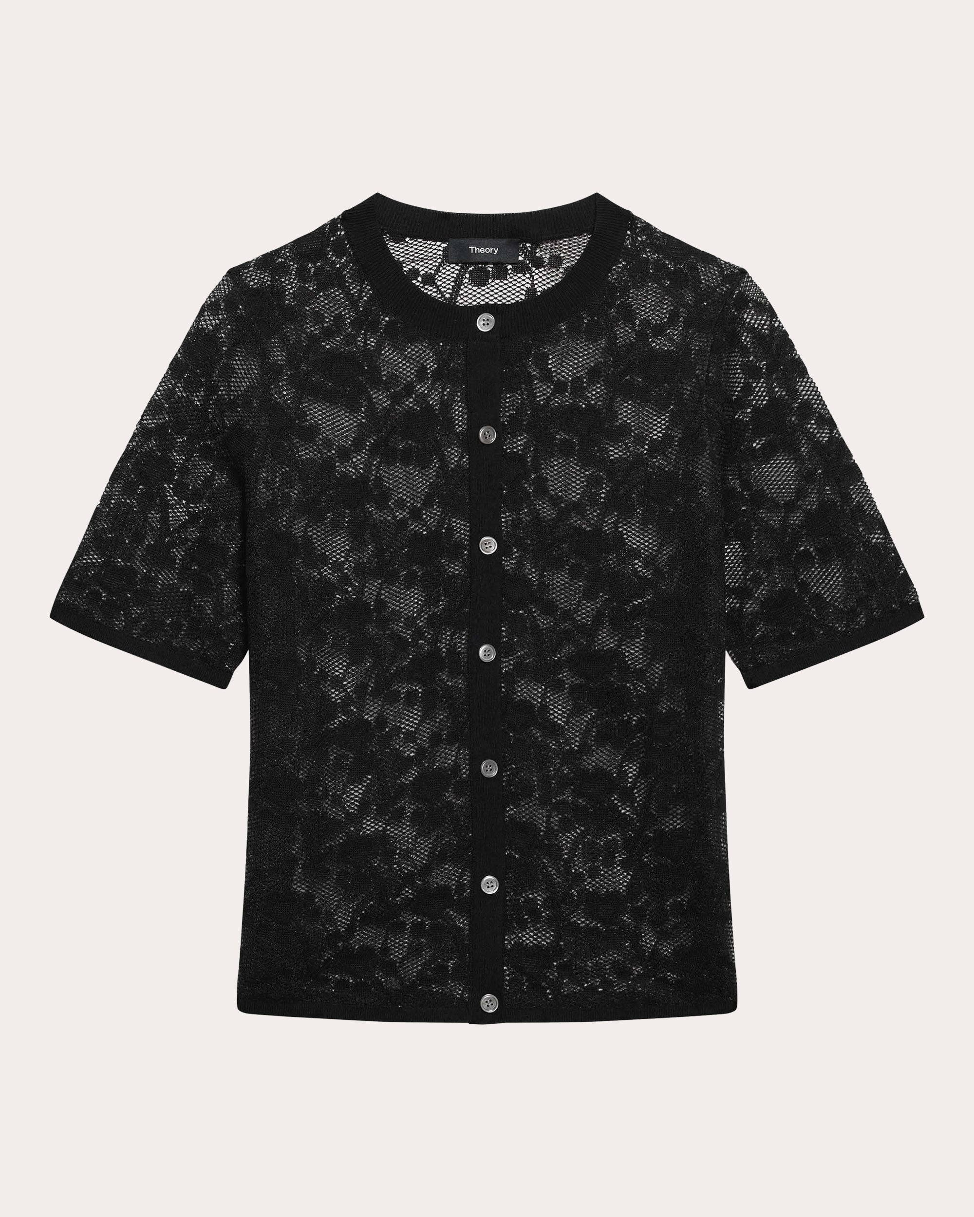 Floral Lace Short-Sleeve Button-Up Top