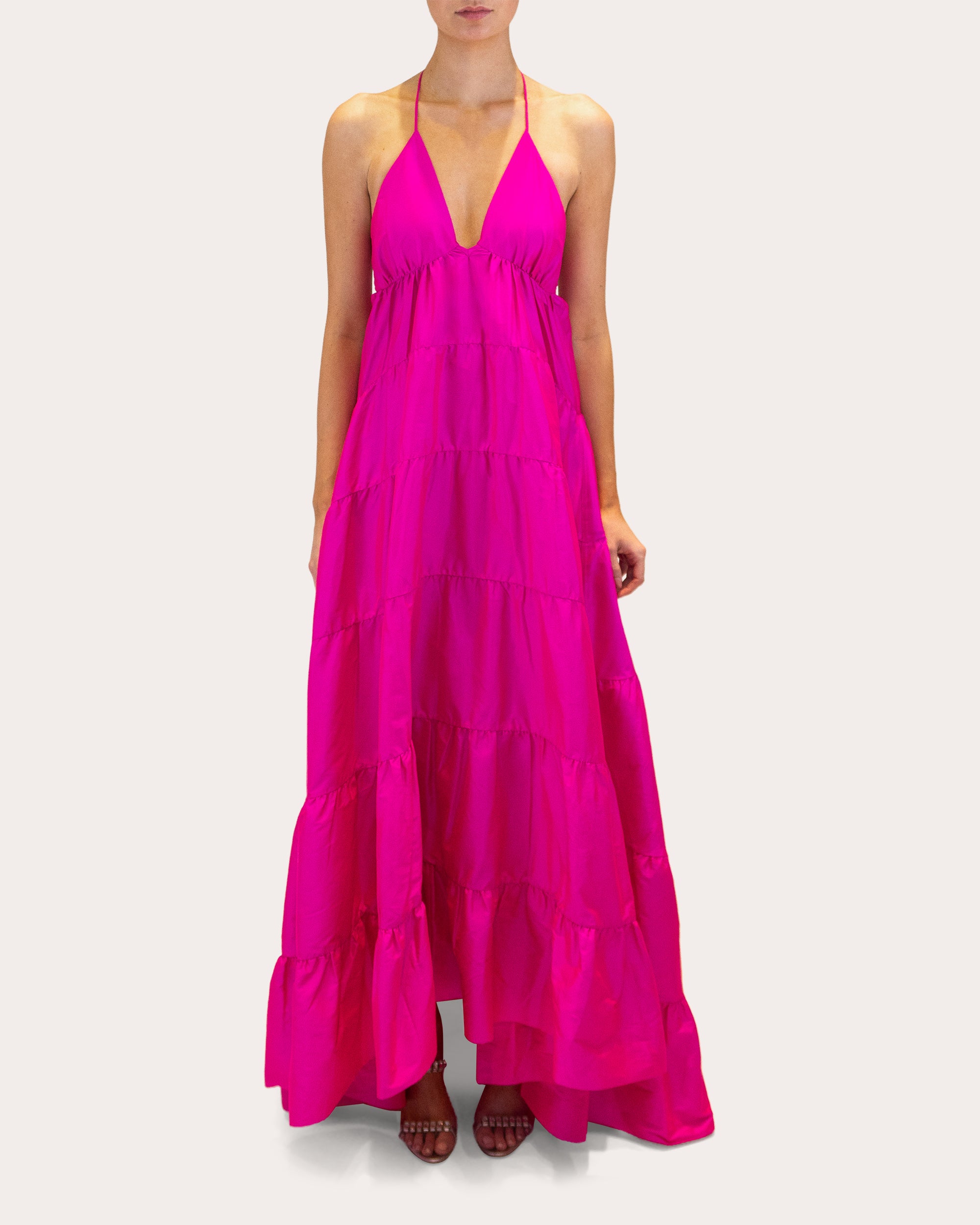 Olesia Taffeta Tiered V-Neck Halter Gown