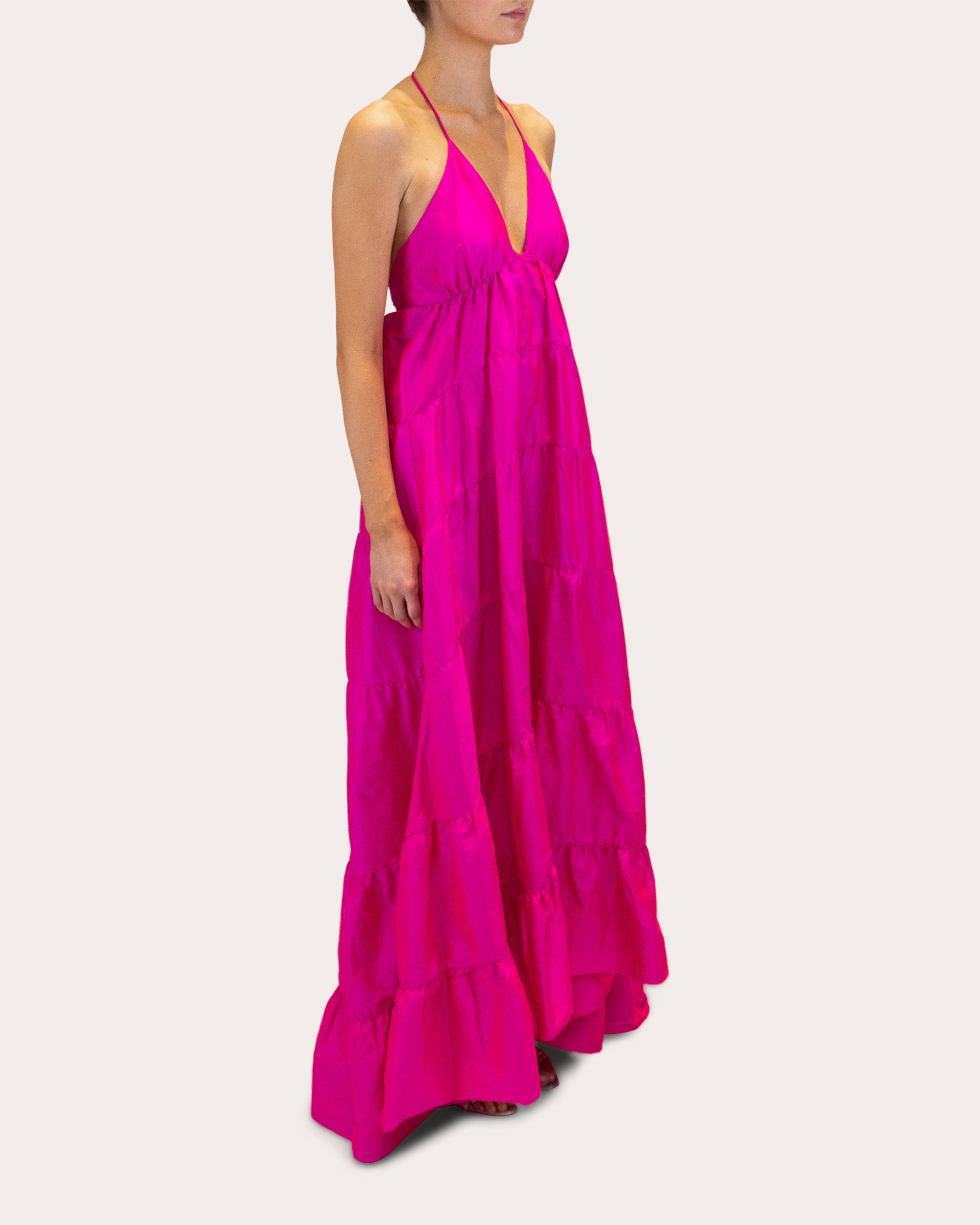 Olesia Taffeta Tiered V-Neck Halter Gown