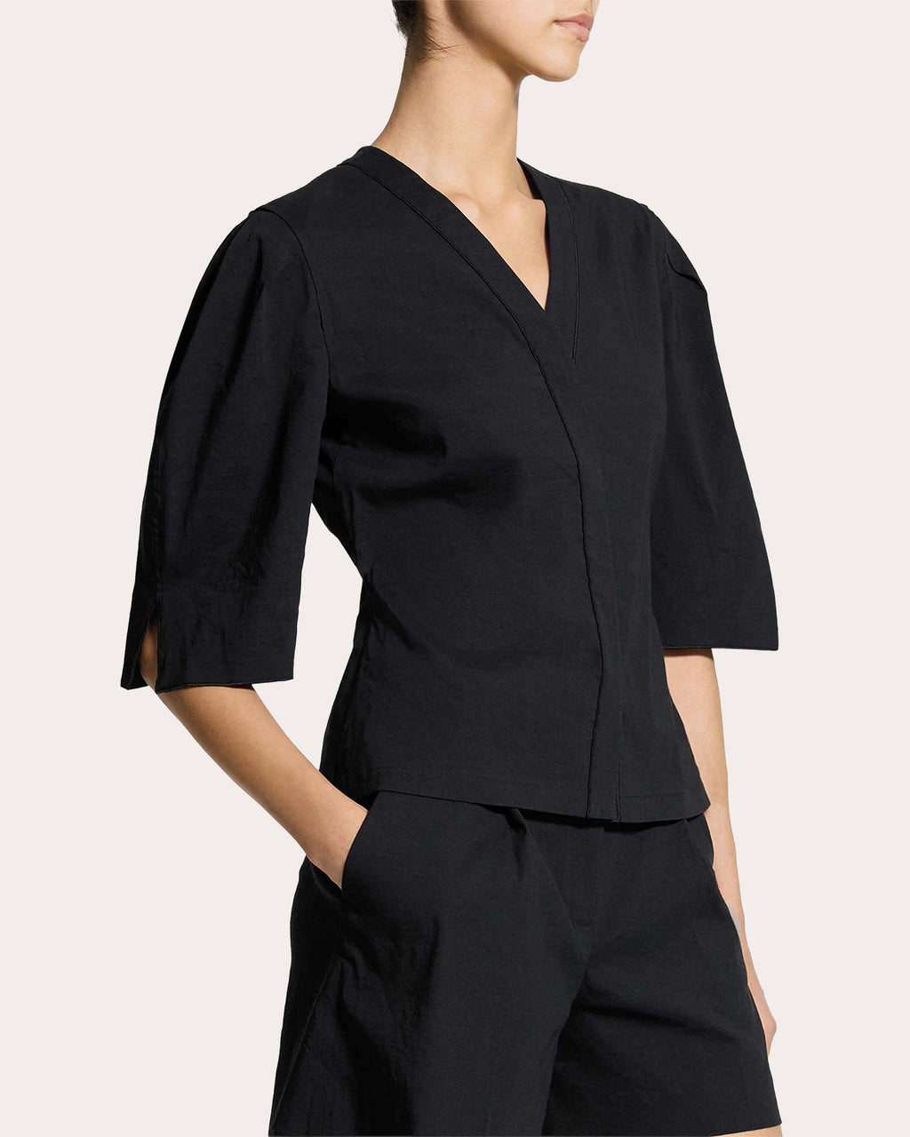 Good Linen Round-Sleeve Button-Up Top