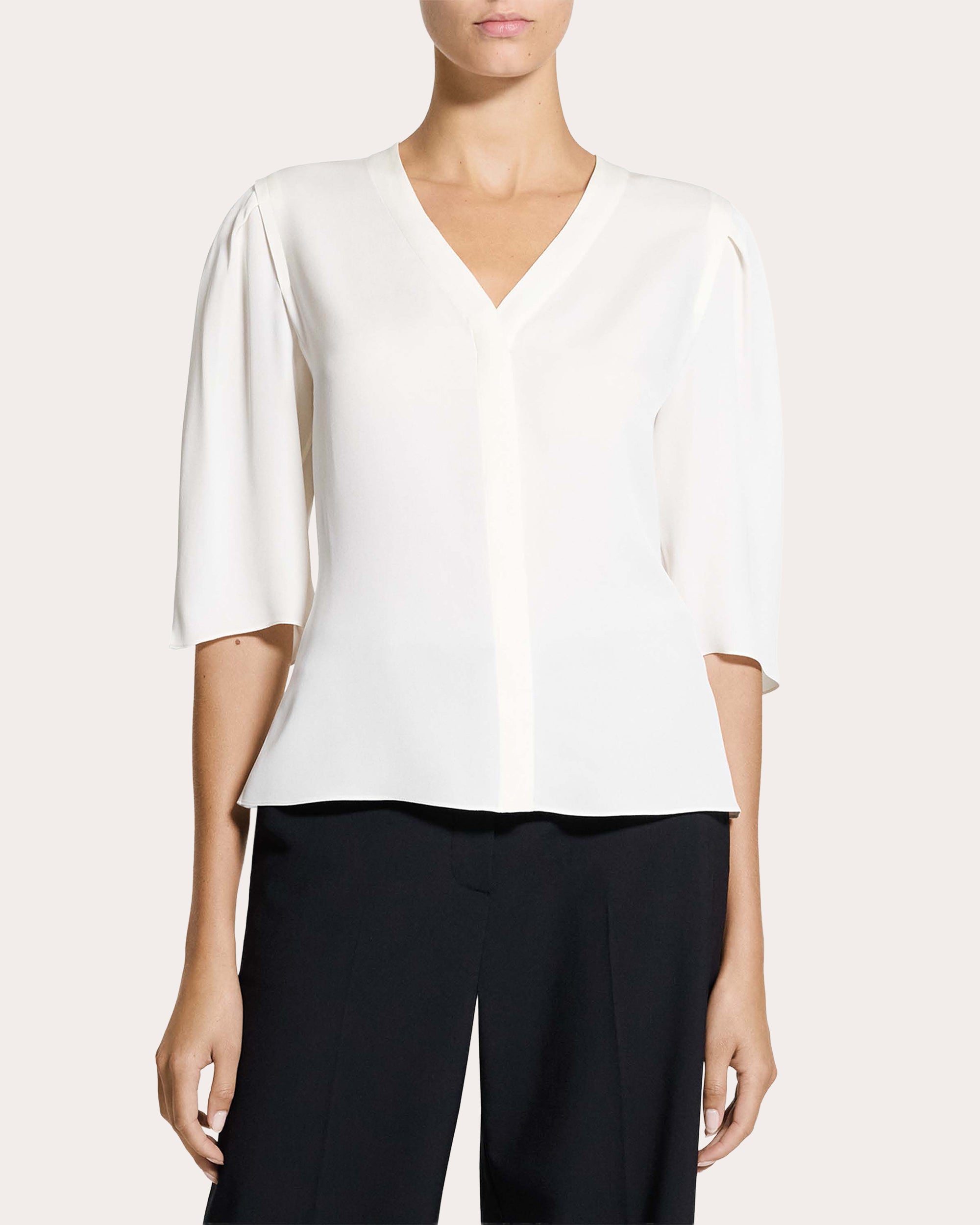 Silk Round-Sleeve Button-Up Top