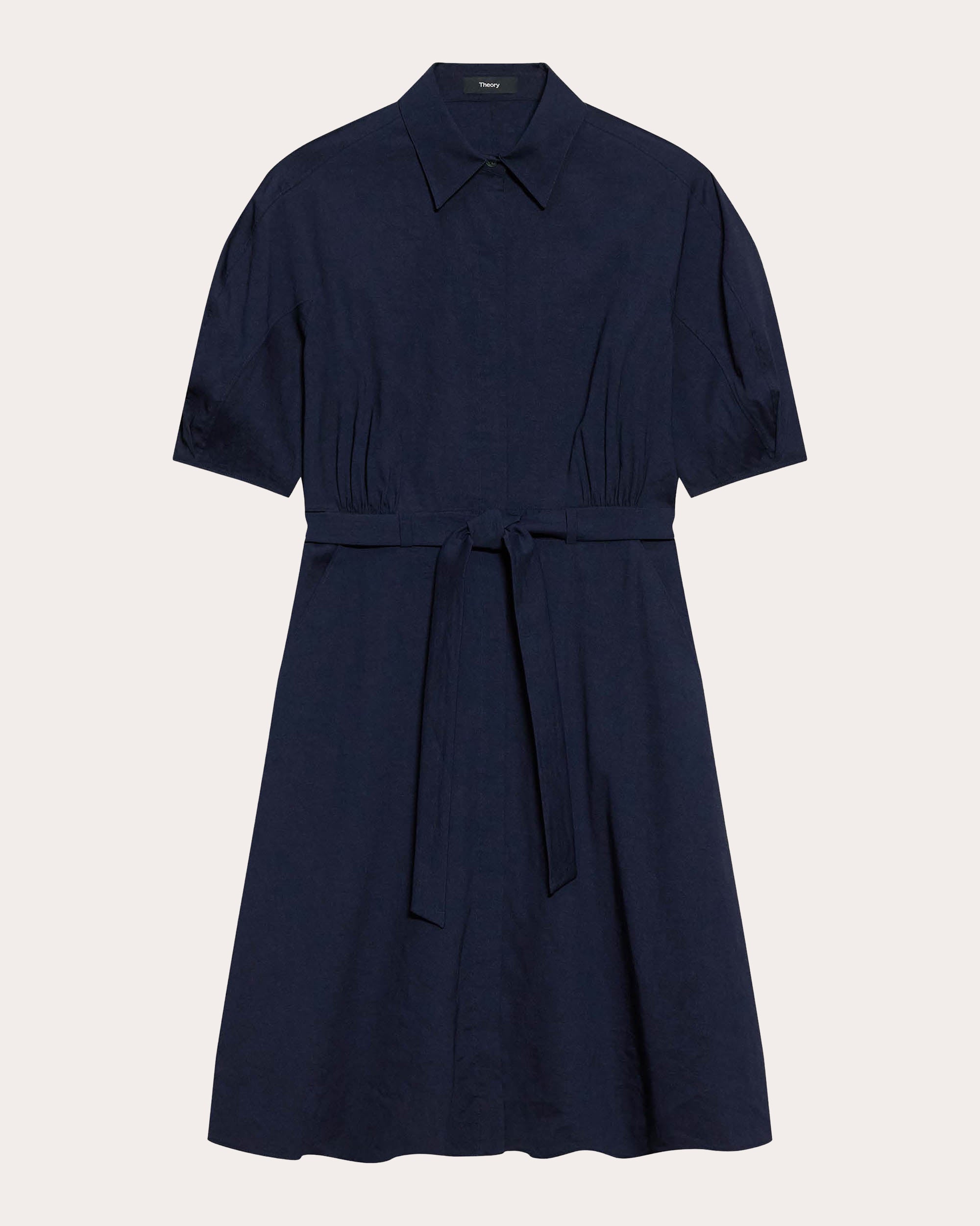 Good Linen Round-Sleeve Belted Shirt Dress