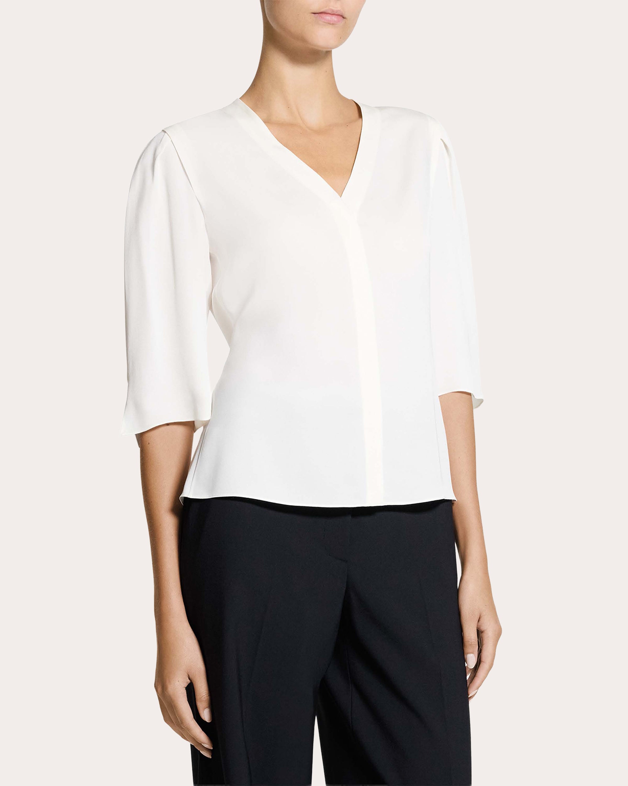 Silk Round-Sleeve Button-Up Top