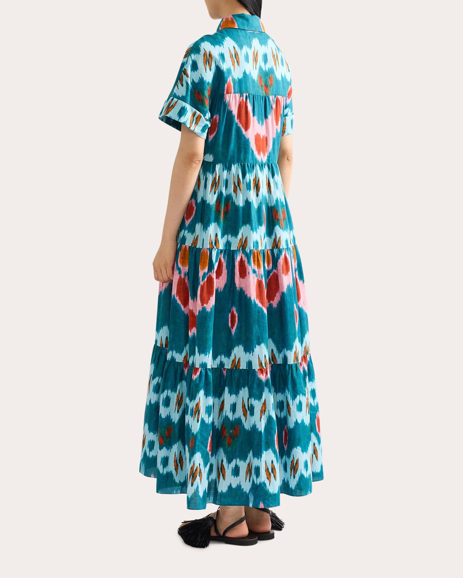 Ikat Cotton Tiered Midi Shirt Dress