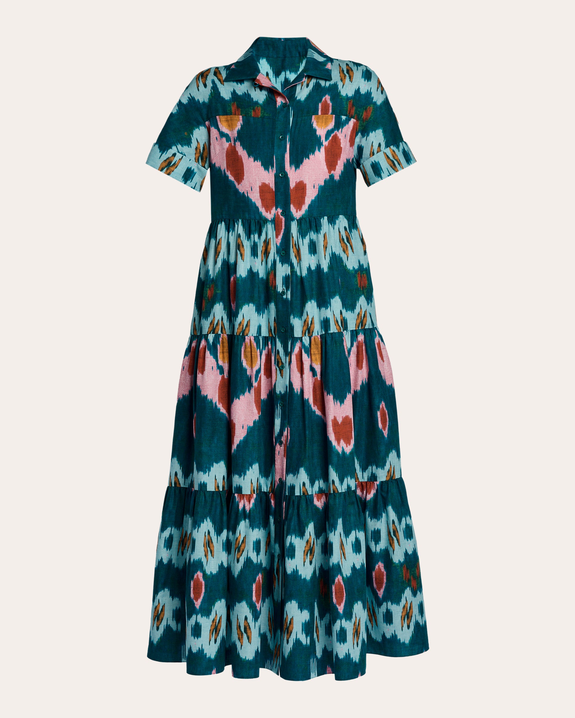 Ikat Cotton Tiered Midi Shirt Dress