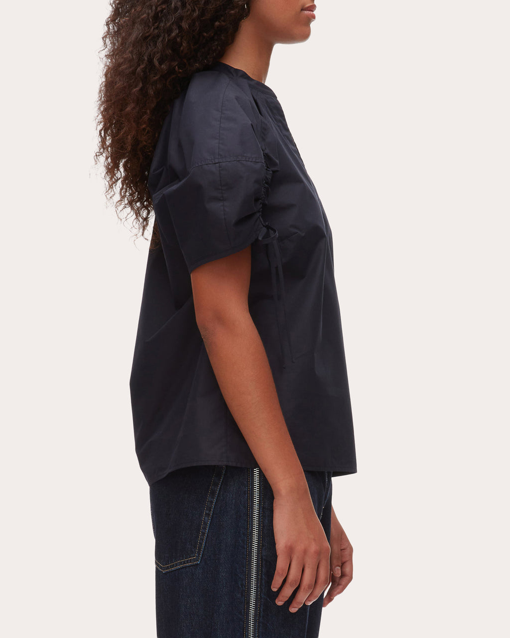Cotton Poplin Ruched Puff-Sleeve Top