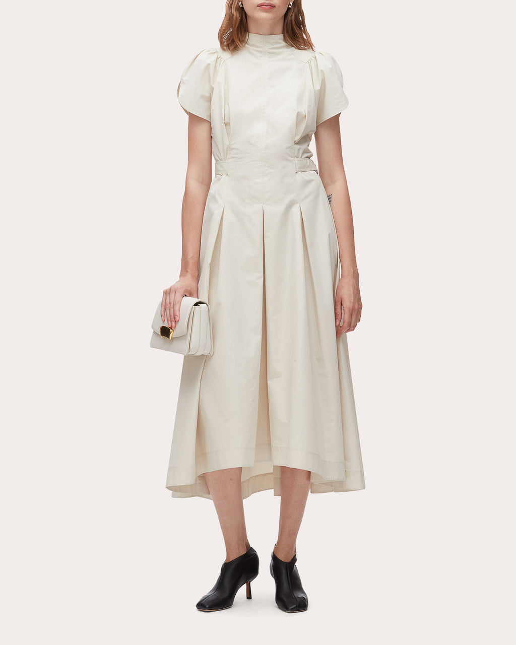 Cotton Poplin Pleated Tulip-Sleeve Midi Dress