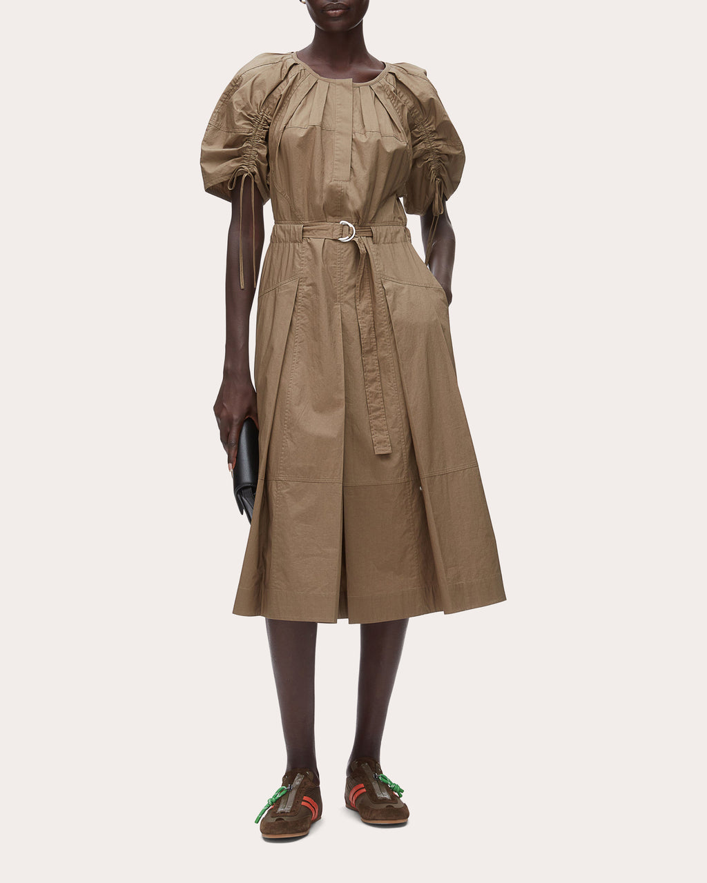 Cotton Poplin Ruched-Sleeve Midi Dress