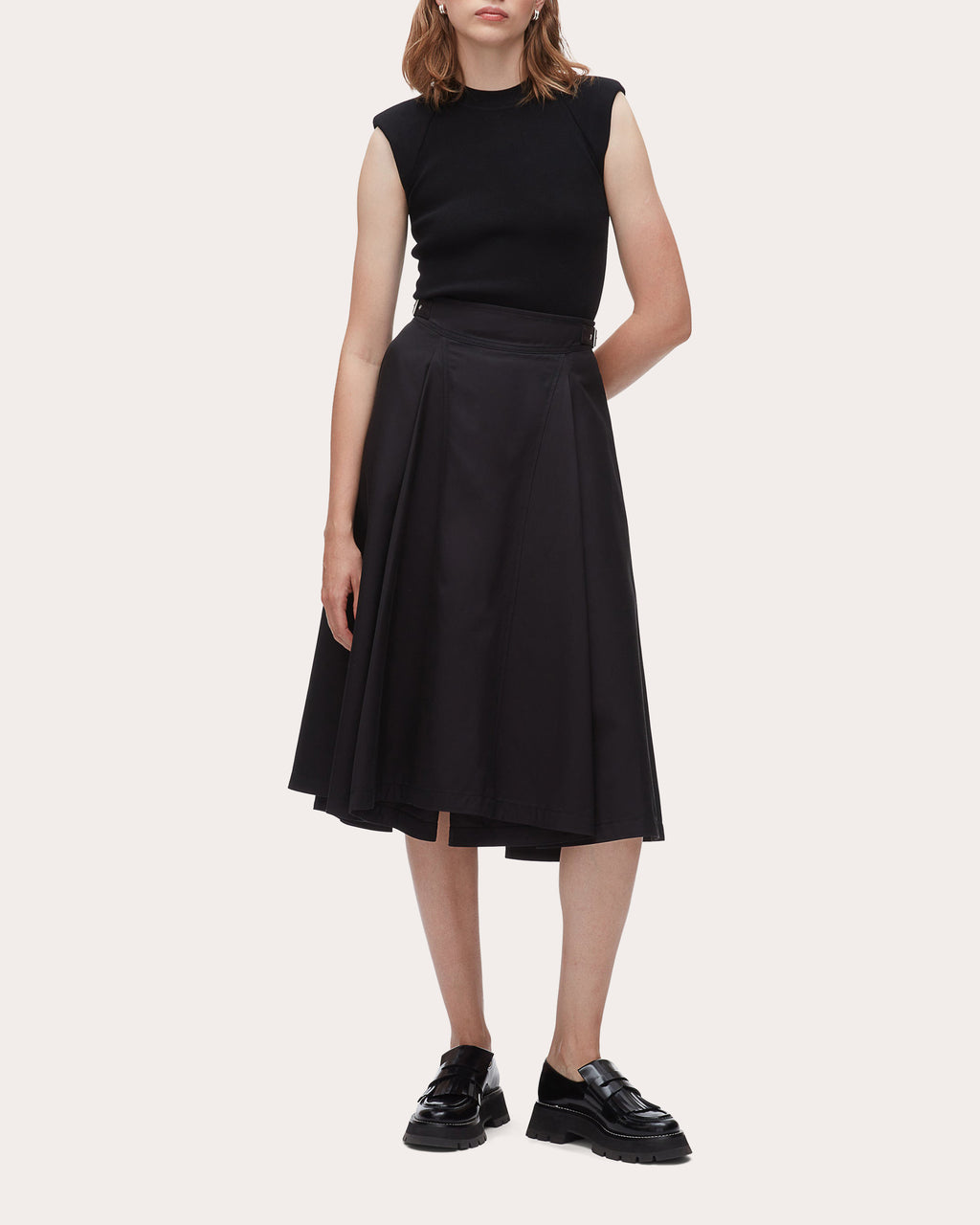 Twill Pleated Biker Midi Skirt