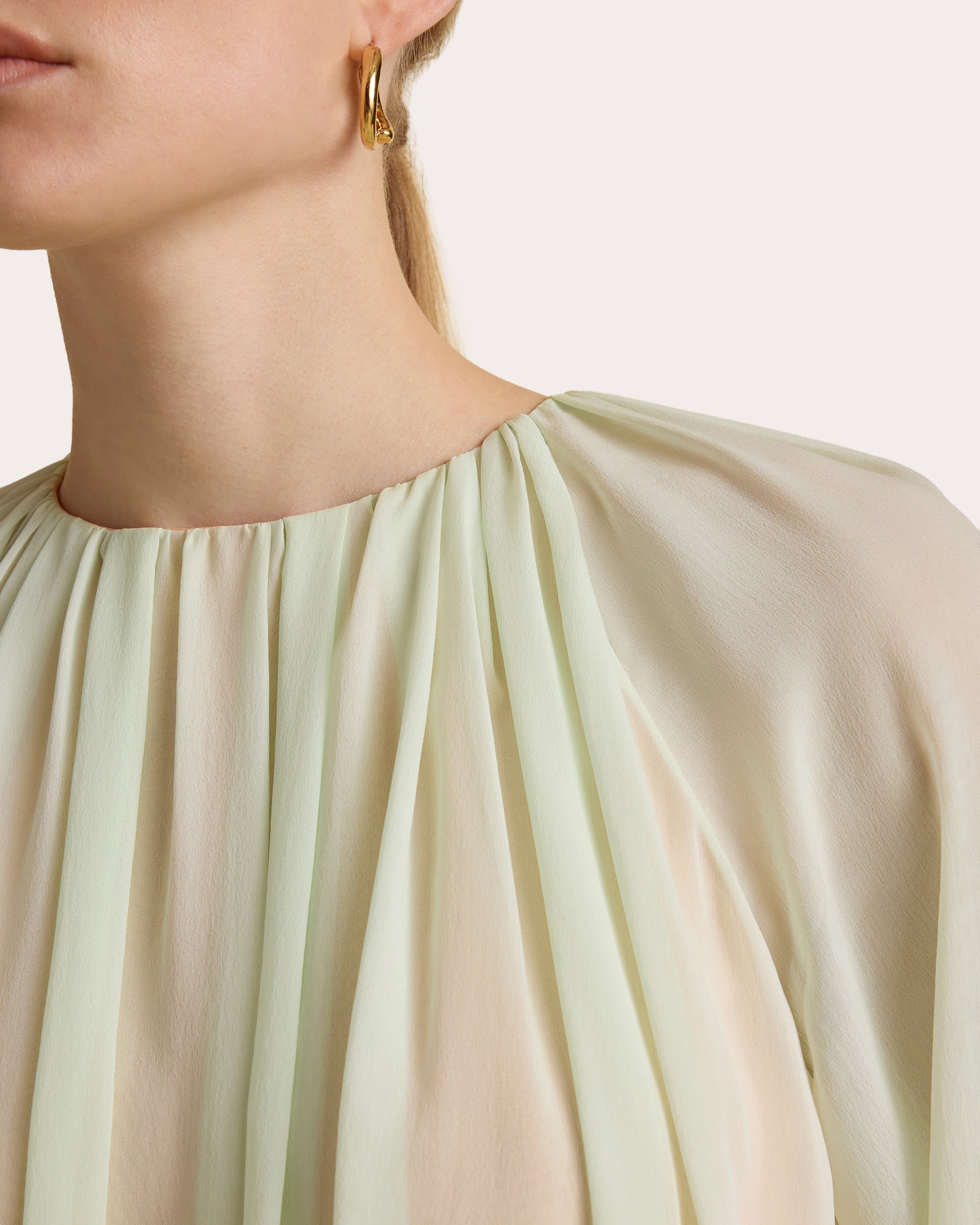 Silk Chiffon Gathered Long-Sleeve Blouse