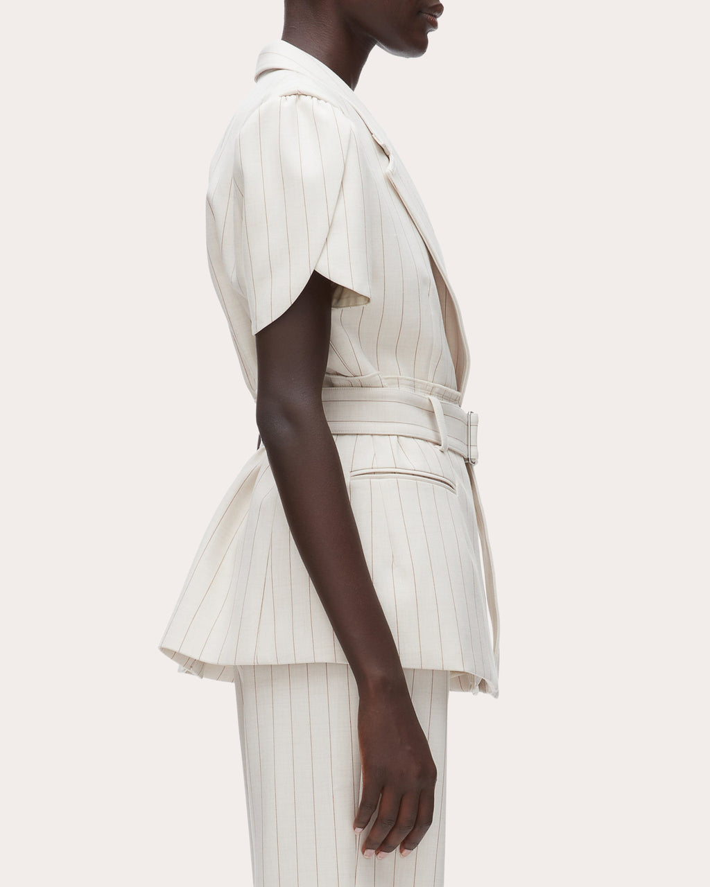 Pinstripe Tulip-Sleeve Belted Blazer