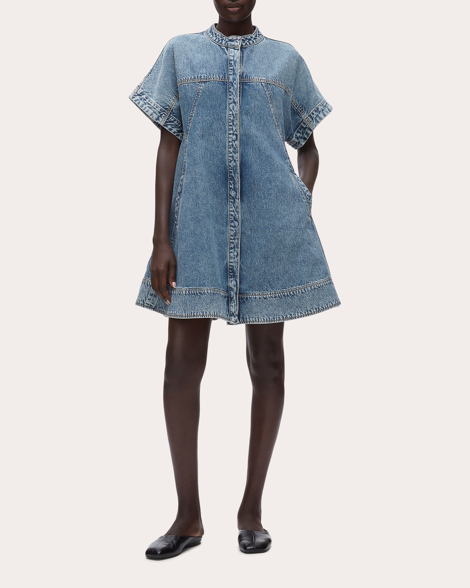 Denim Short-Sleeve Trapeze Dress