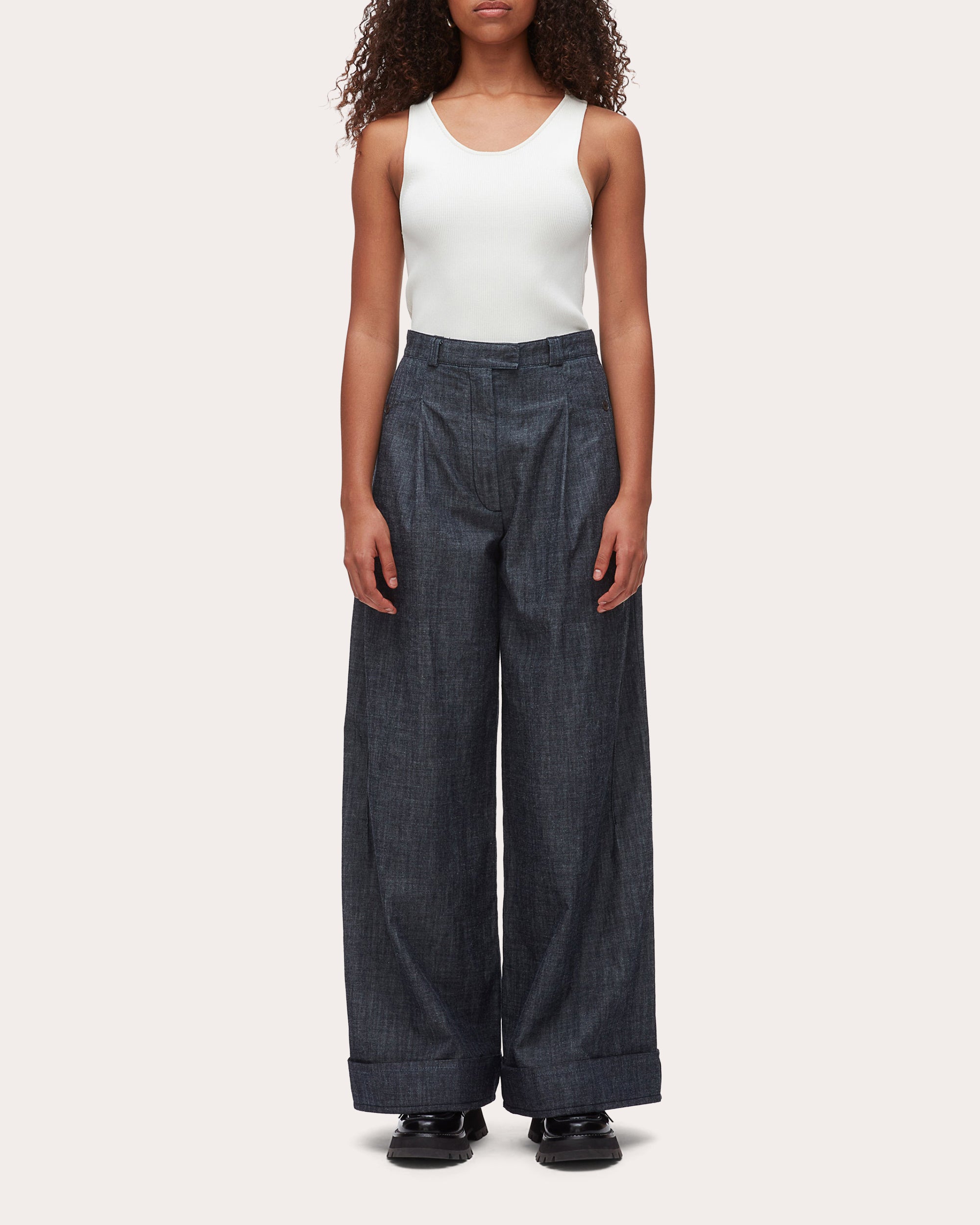 Denim Chambray Pleated Wide-Leg Pants
