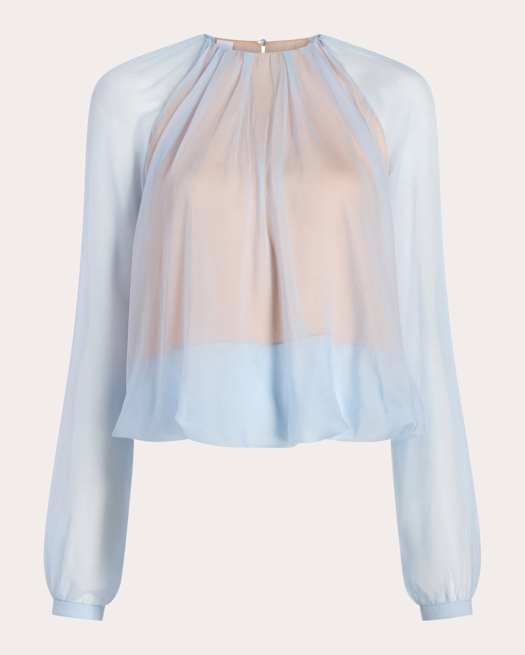 Silk Chiffon Gathered Long-Sleeve Blouse