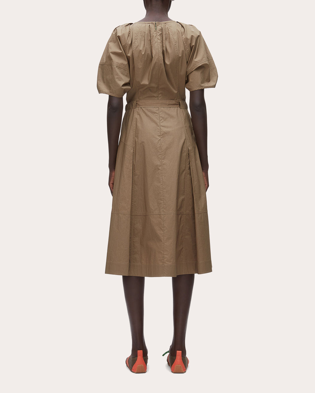 Cotton Poplin Ruched-Sleeve Midi Dress