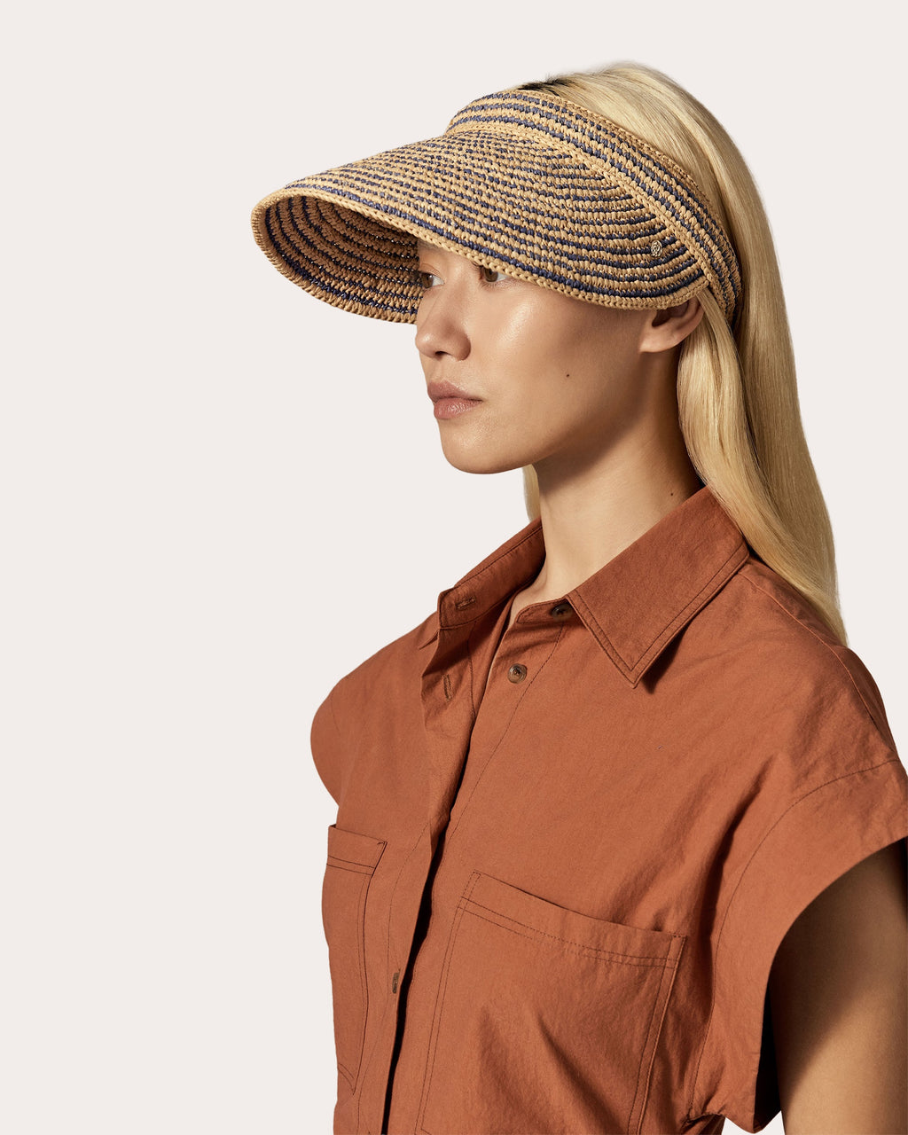 Sunlee Stripe Crocheted Raffia Visor