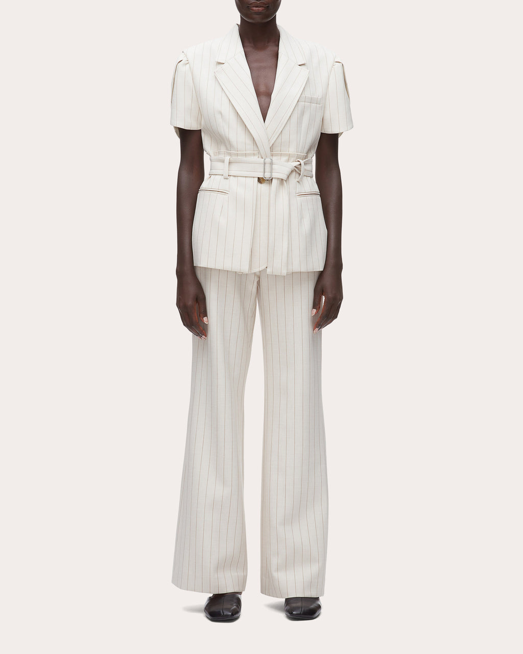 Pinstripe Tulip-Sleeve Belted Blazer