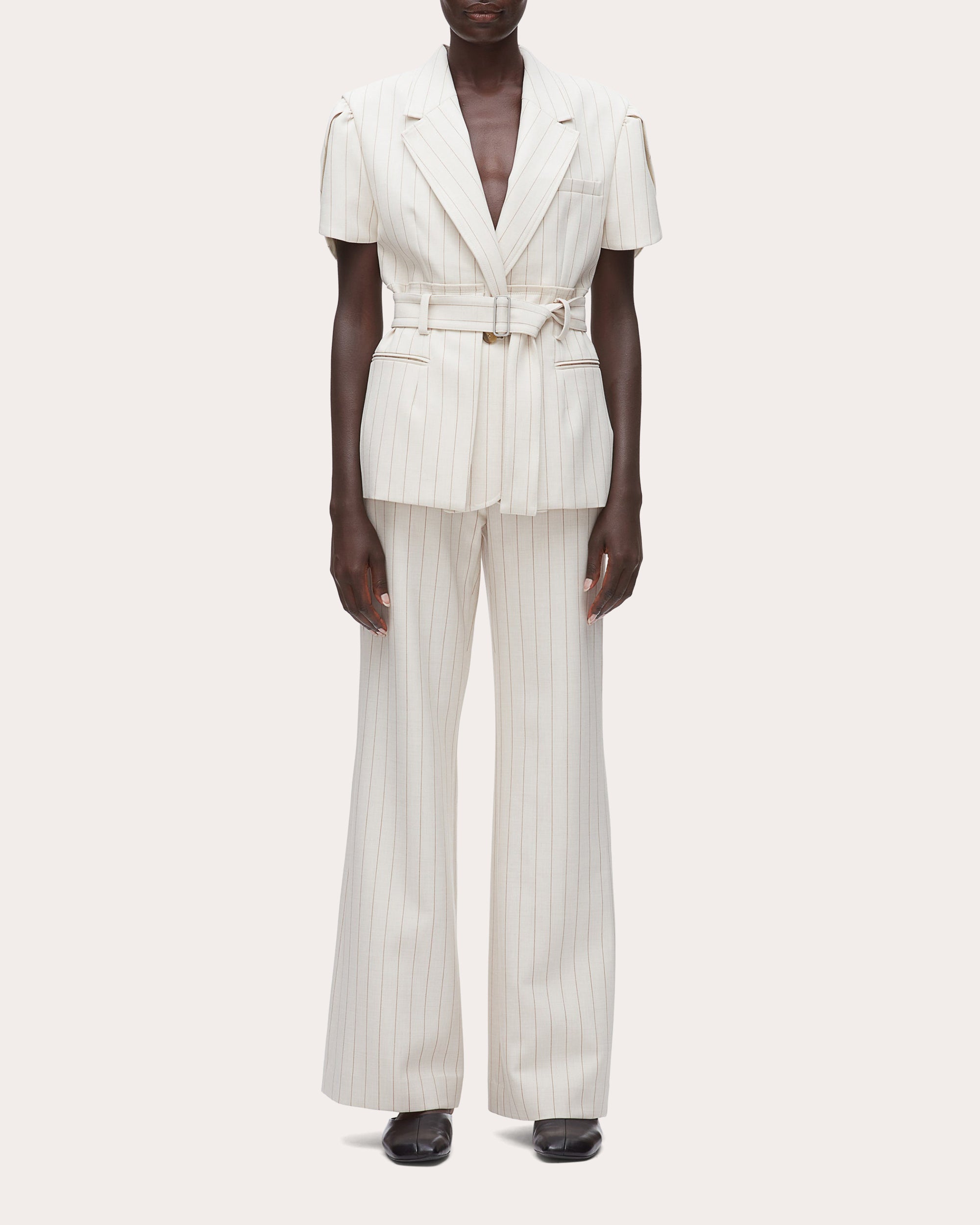 Pinstripe Tulip-Sleeve Belted Blazer