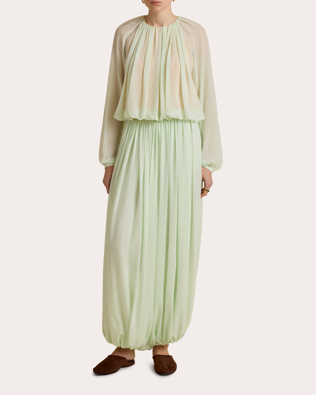 Silk Chiffon Gathered Long-Sleeve Blouse