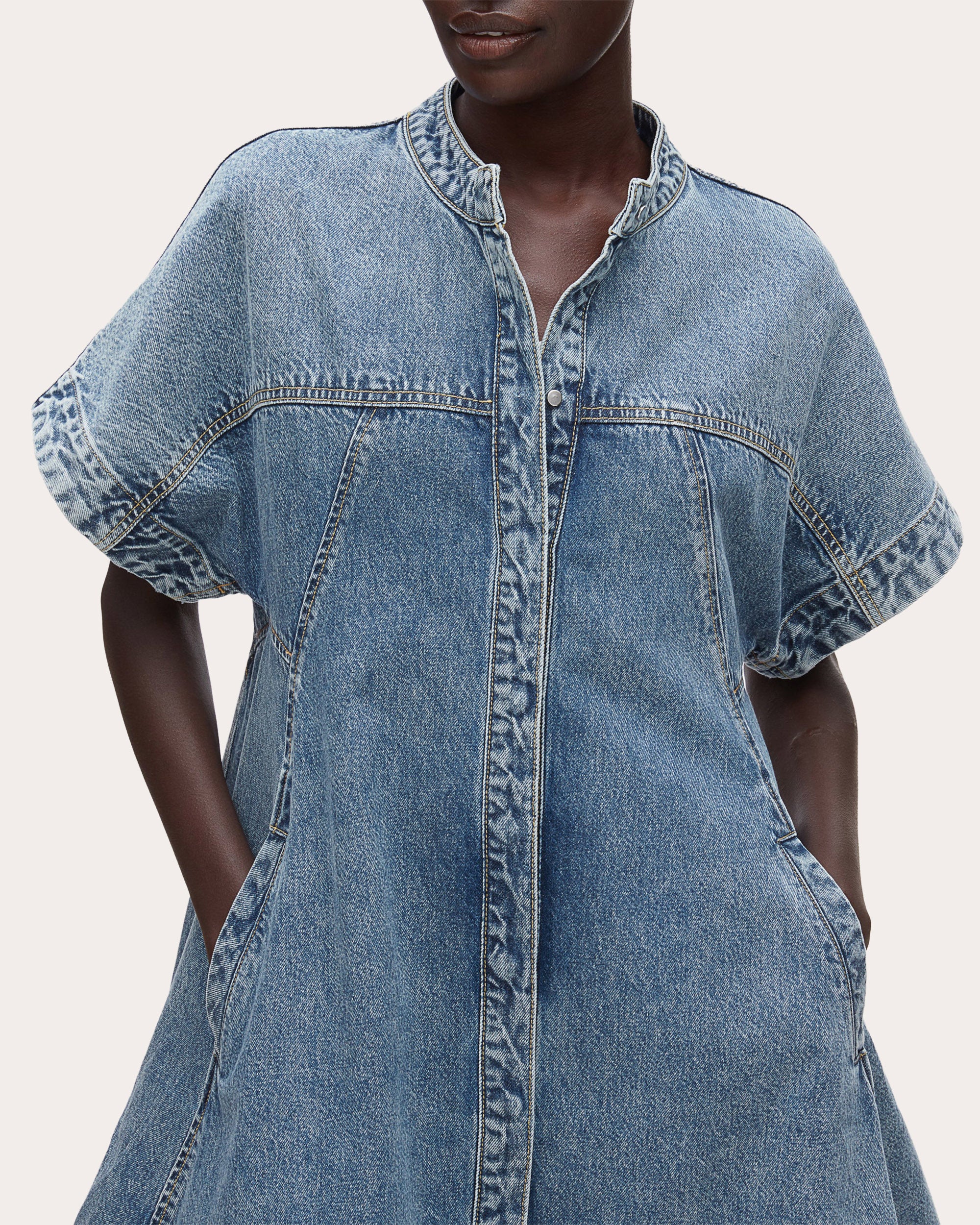Denim Short-Sleeve Trapeze Dress