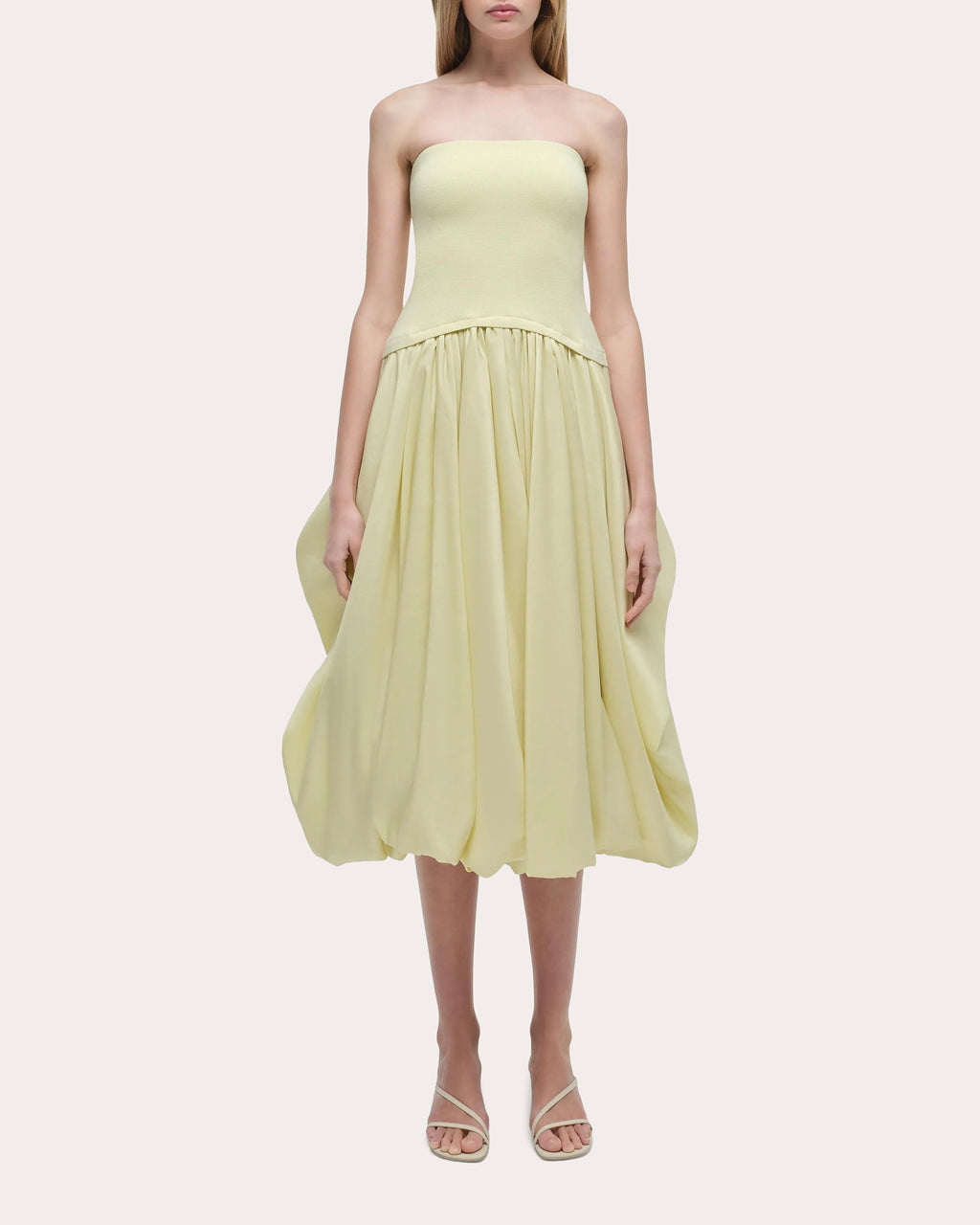 Izzy Knit Taffeta Gathered Strapless Midi Dress