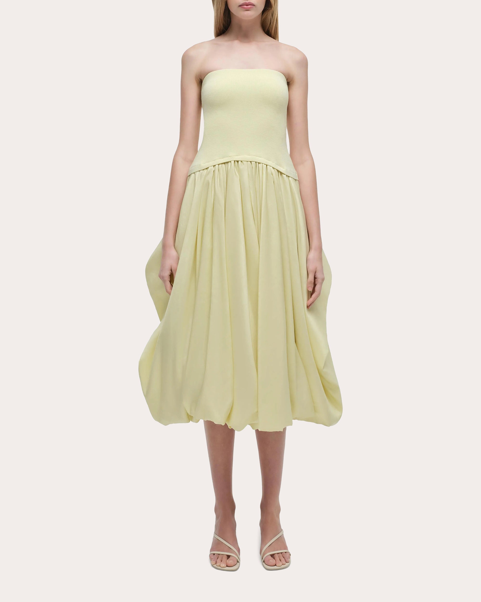 Izzy Knit Taffeta Gathered Strapless Midi Dress