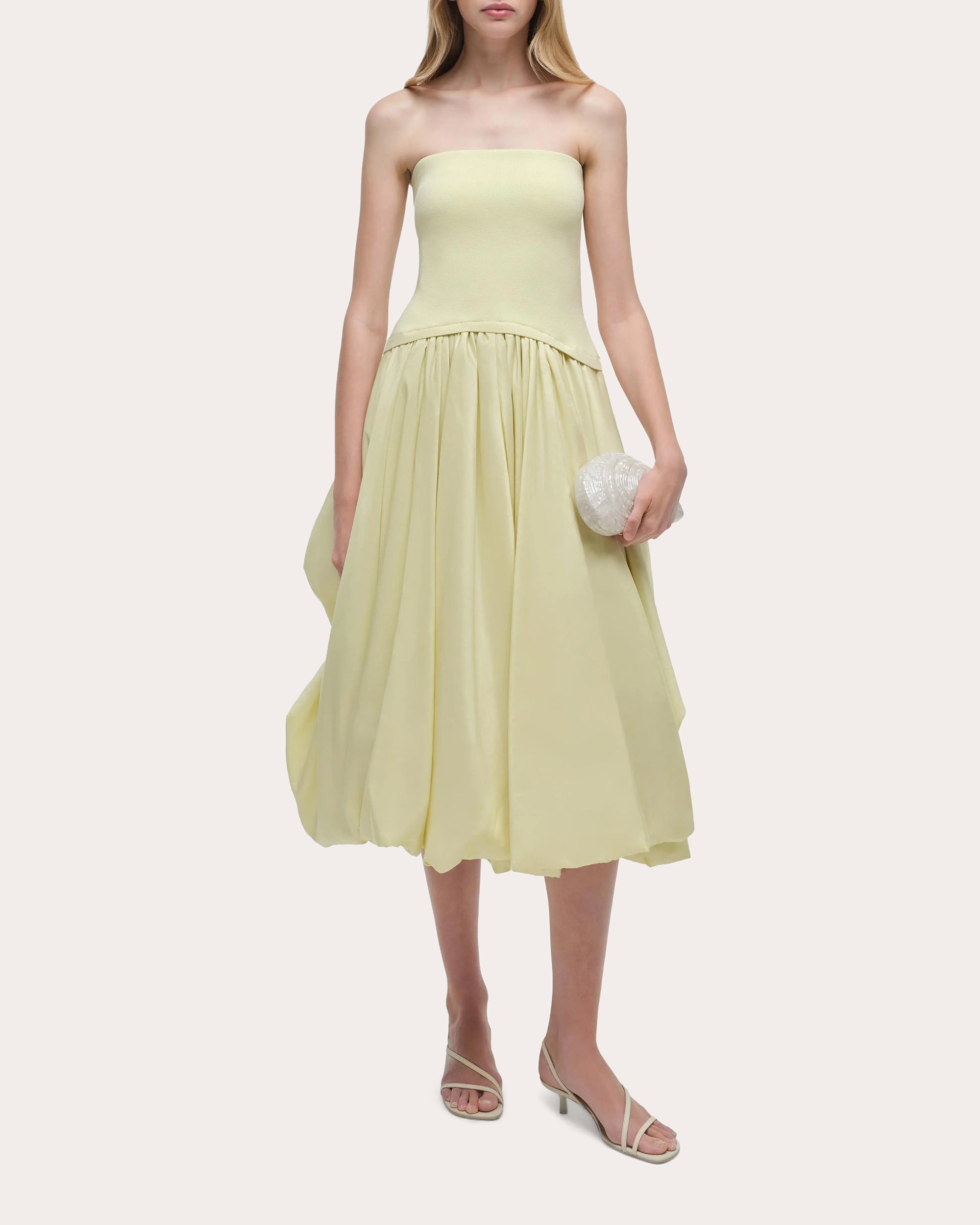 Izzy Knit Taffeta Gathered Strapless Midi Dress